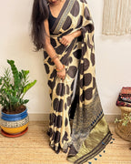 All Eyes: Cream Ajrakh Handblock Printed Modal Saree with Tissue Pallu
