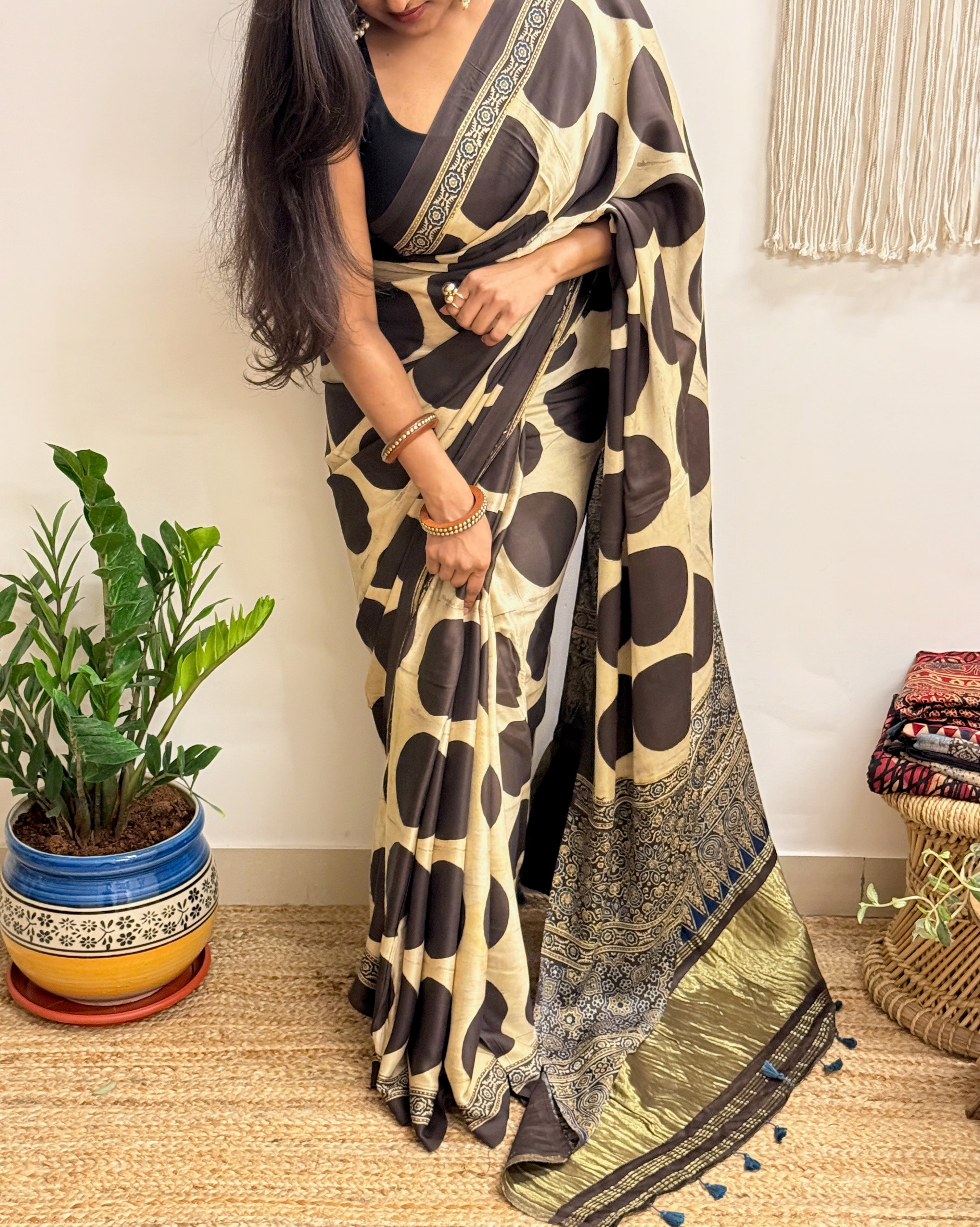 All Eyes: Cream Ajrakh Handblock Printed Modal Saree with Tissue Pallu