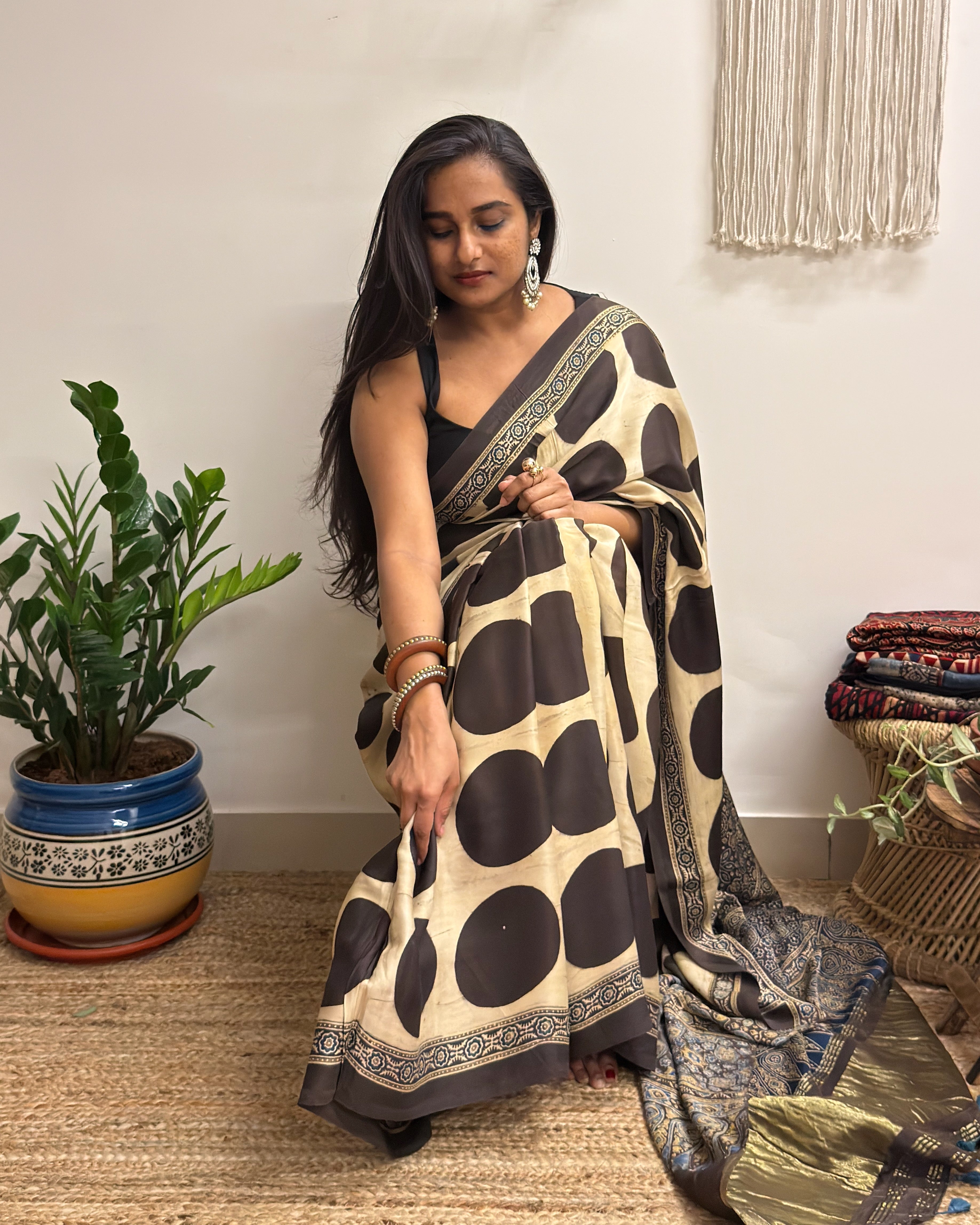 All Eyes: Cream Ajrakh Handblock Printed Modal Saree with Tissue Pallu