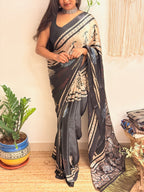 Meet me at Dusk: Charcoal Black Ajrakh Handblock Printed Modal Satin Saree with Tissue Pallu