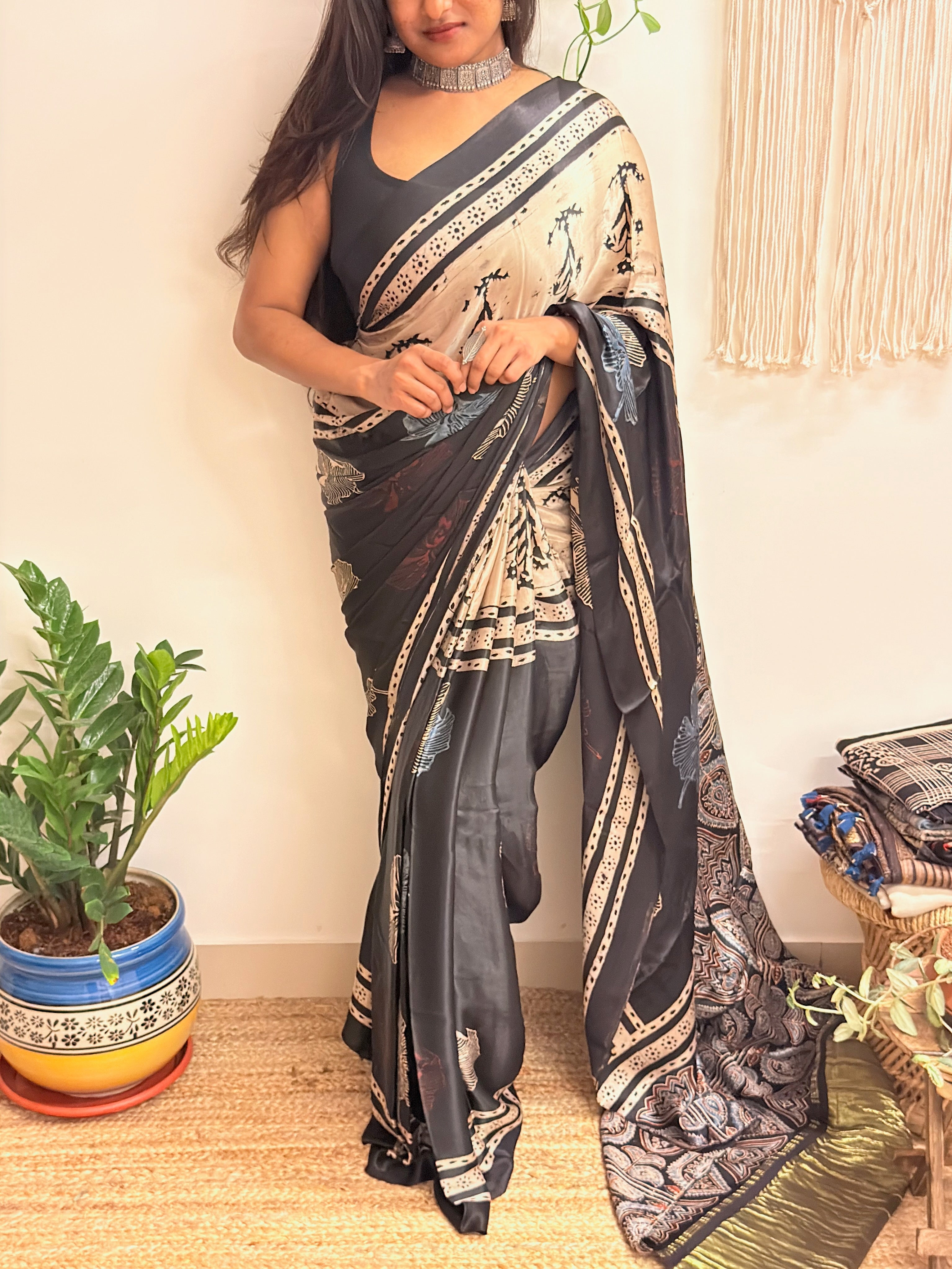 Meet me at Dusk: Charcoal Black Ajrakh Handblock Printed Modal Satin Saree with Tissue Pallu