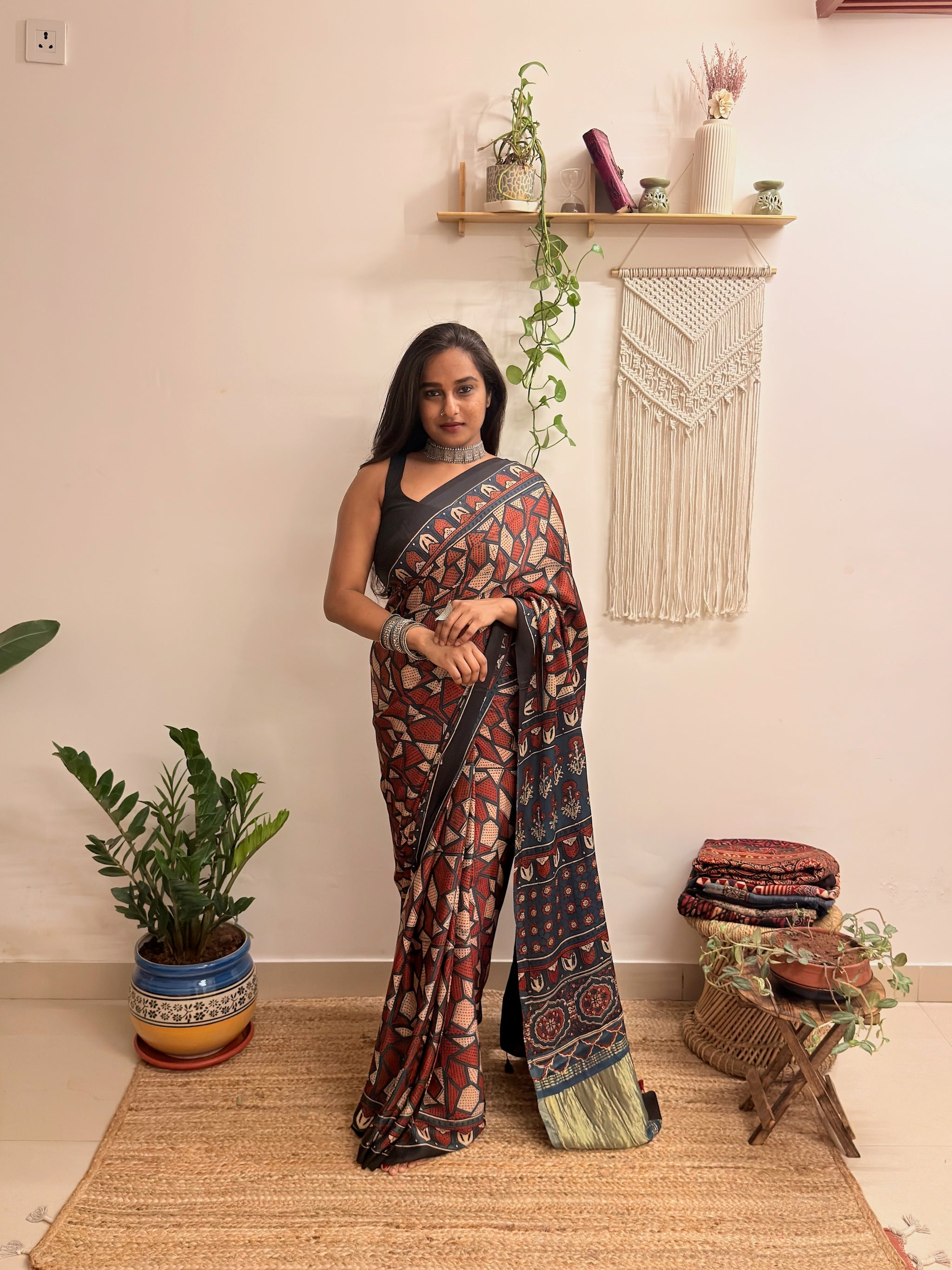 Cosmos: Navy Blue and Red Ajrakh Handblock Printed Modal Saree with Tissue Pallu