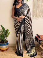 Naaz: Black and Cream Ajrakh Handblock Printed Modal Saree with Tissue Pallu