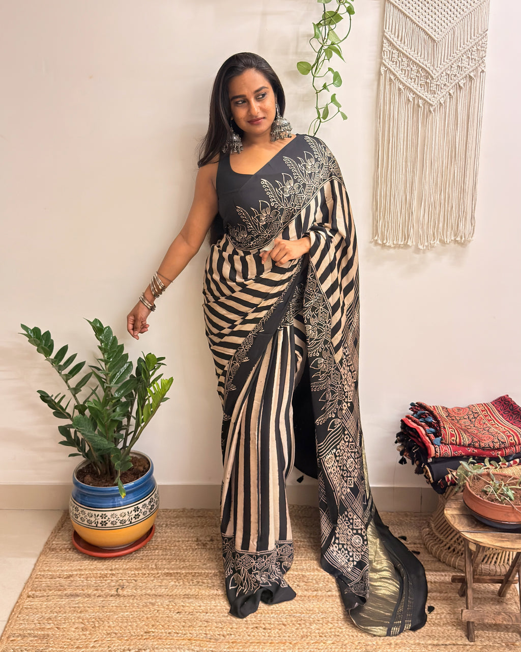 Naaz: Black and Cream Ajrakh Handblock Printed Modal Saree with Tissue Pallu