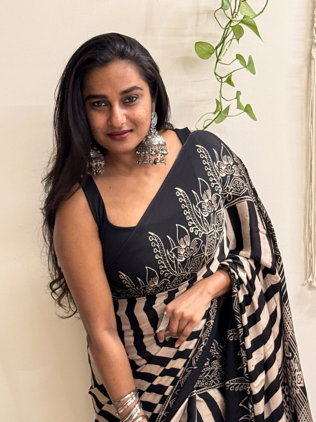 Naaz: Black and Cream Ajrakh Handblock Printed Modal Saree with Tissue Pallu