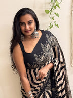 Naaz: Black and Cream Ajrakh Handblock Printed Modal Saree with Tissue Pallu