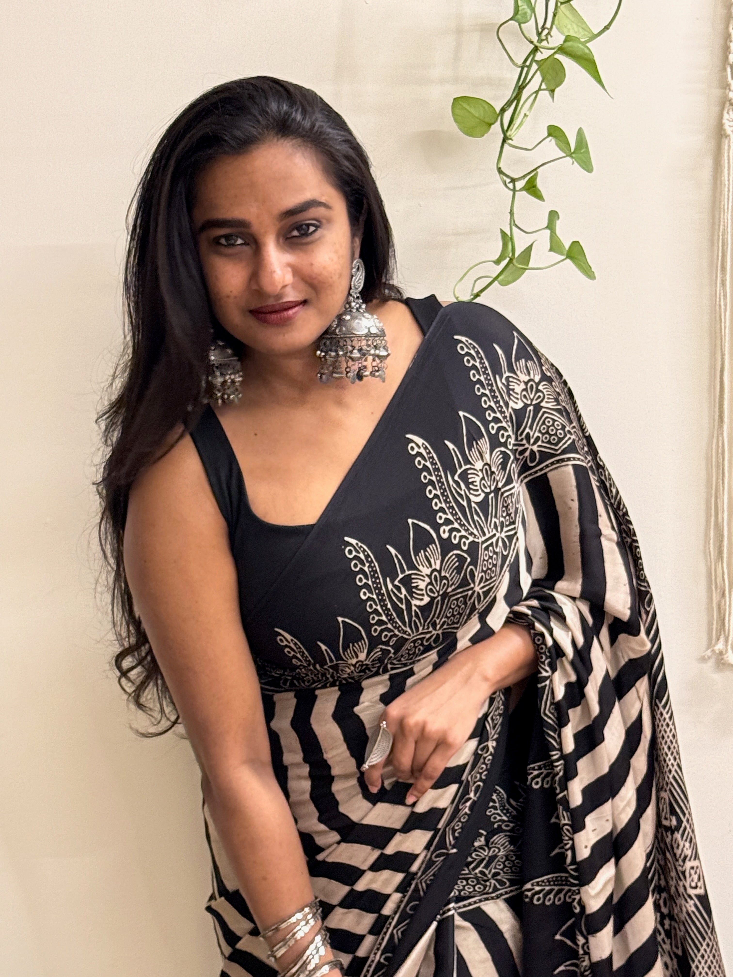 Naaz: Black and Cream Ajrakh Handblock Printed Modal Saree with Tissue Pallu