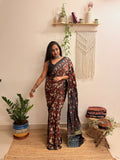 Cosmos: Navy Blue and Red Ajrakh Handblock Printed Modal Saree with Tissue Pallu