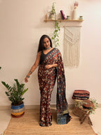 Cosmos: Navy Blue and Red Ajrakh Handblock Printed Modal Saree with Tissue Pallu