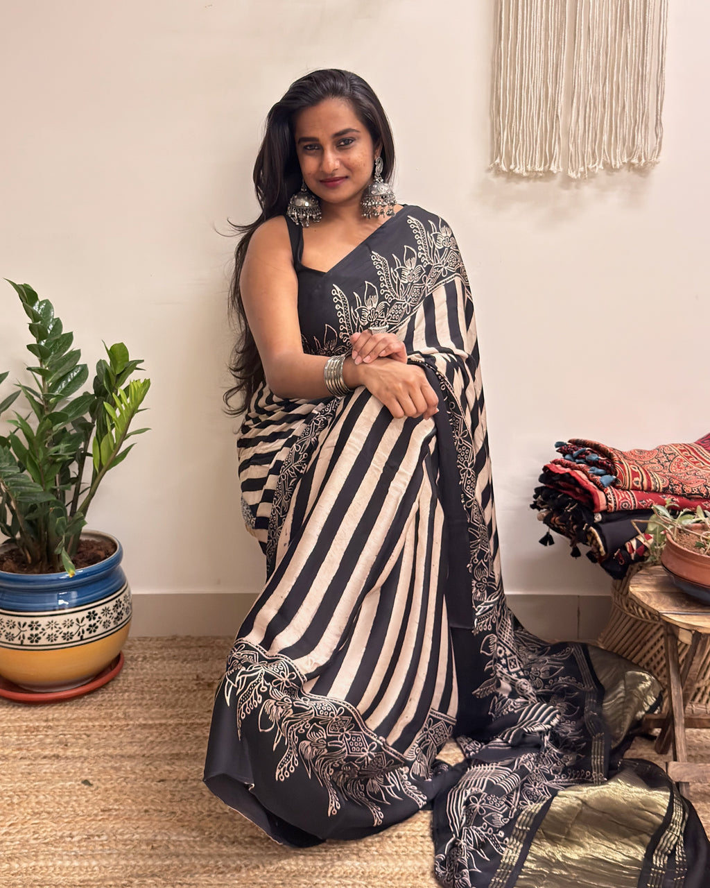 Naaz: Black and Cream Ajrakh Handblock Printed Modal Saree with Tissue Pallu