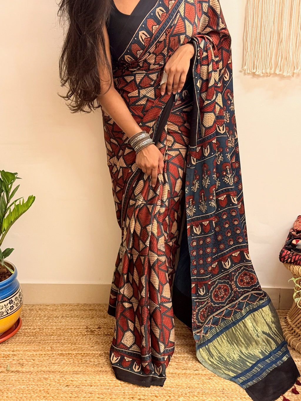 Cosmos: Navy Blue and Red Ajrakh Handblock Printed Modal Saree with Tissue Pallu