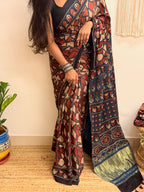 Cosmos: Navy Blue and Red Ajrakh Handblock Printed Modal Saree with Tissue Pallu