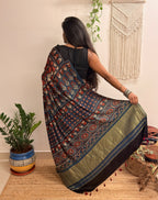 Cosmos: Navy Blue and Red Ajrakh Handblock Printed Modal Saree with Tissue Pallu