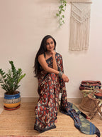Cosmos: Navy Blue and Red Ajrakh Handblock Printed Modal Saree with Tissue Pallu
