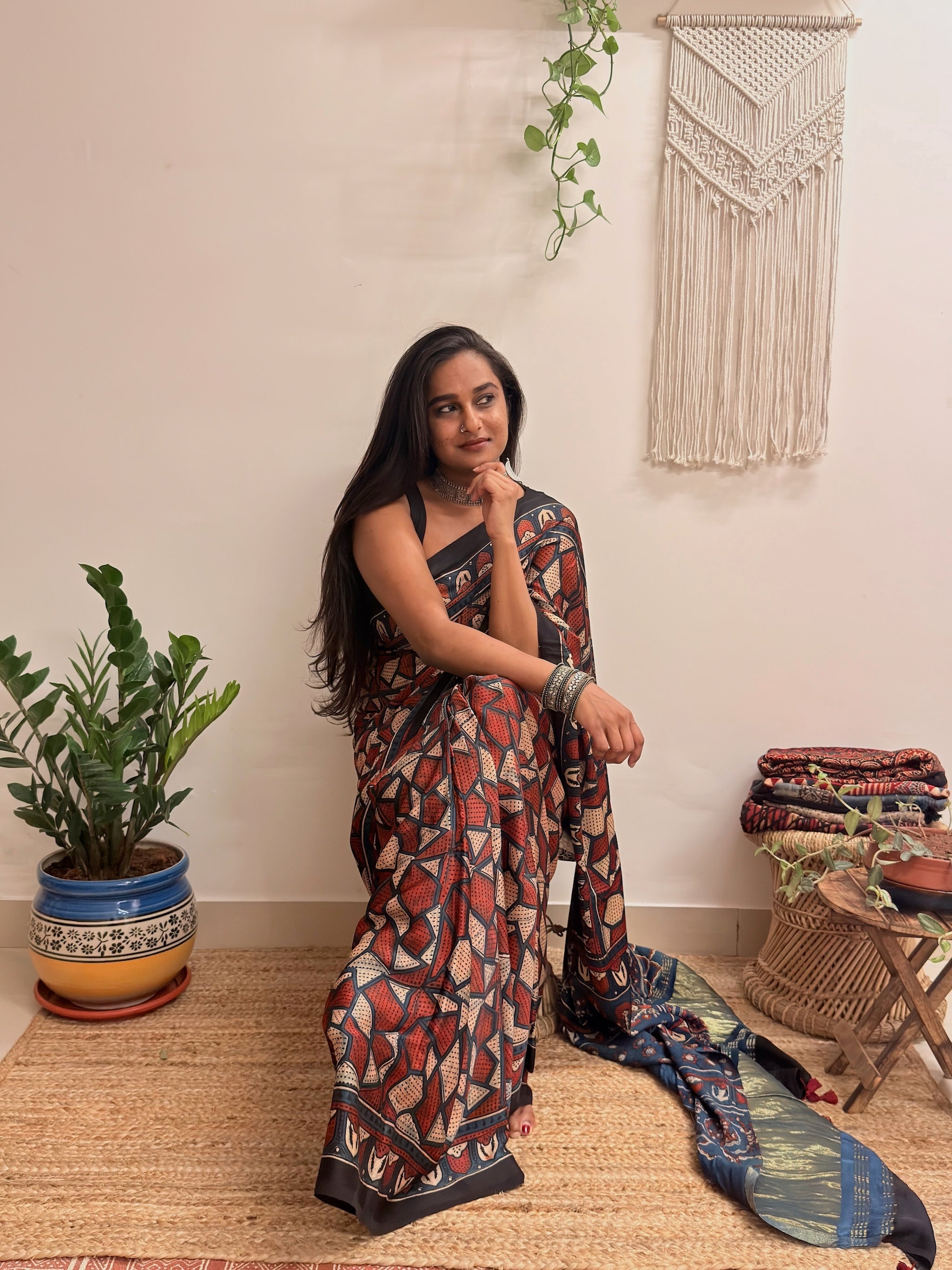 Cosmos: Navy Blue and Red Ajrakh Handblock Printed Modal Saree with Tissue Pallu