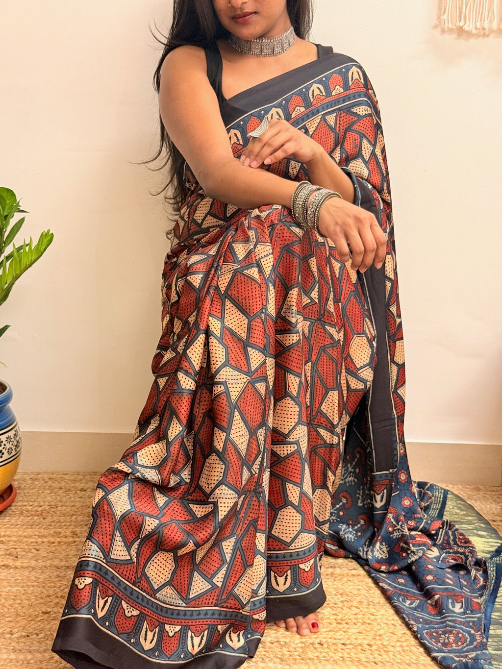 Cosmos: Navy Blue and Red Ajrakh Handblock Printed Modal Saree with Tissue Pallu