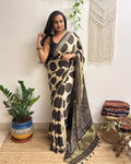 All Eyes: Cream Ajrakh Handblock Printed Modal Saree with Tissue Pallu