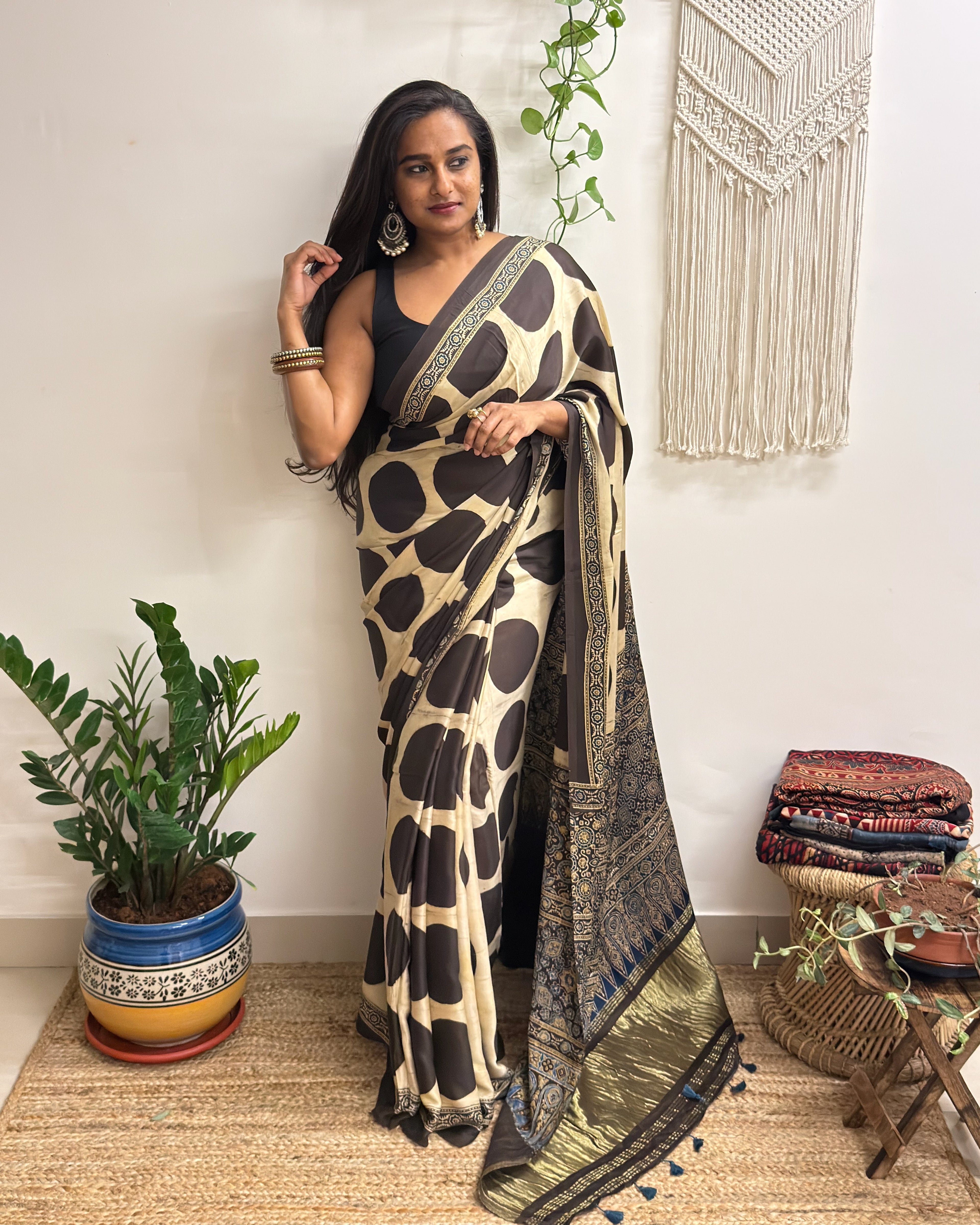 All Eyes: Cream Ajrakh Handblock Printed Modal Saree with Tissue Pallu