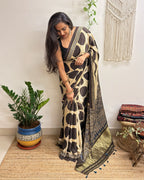 All Eyes: Cream Ajrakh Handblock Printed Modal Saree with Tissue Pallu