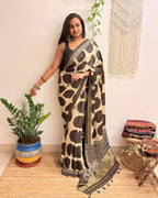 All Eyes: Cream Ajrakh Handblock Printed Modal Saree with Tissue Pallu