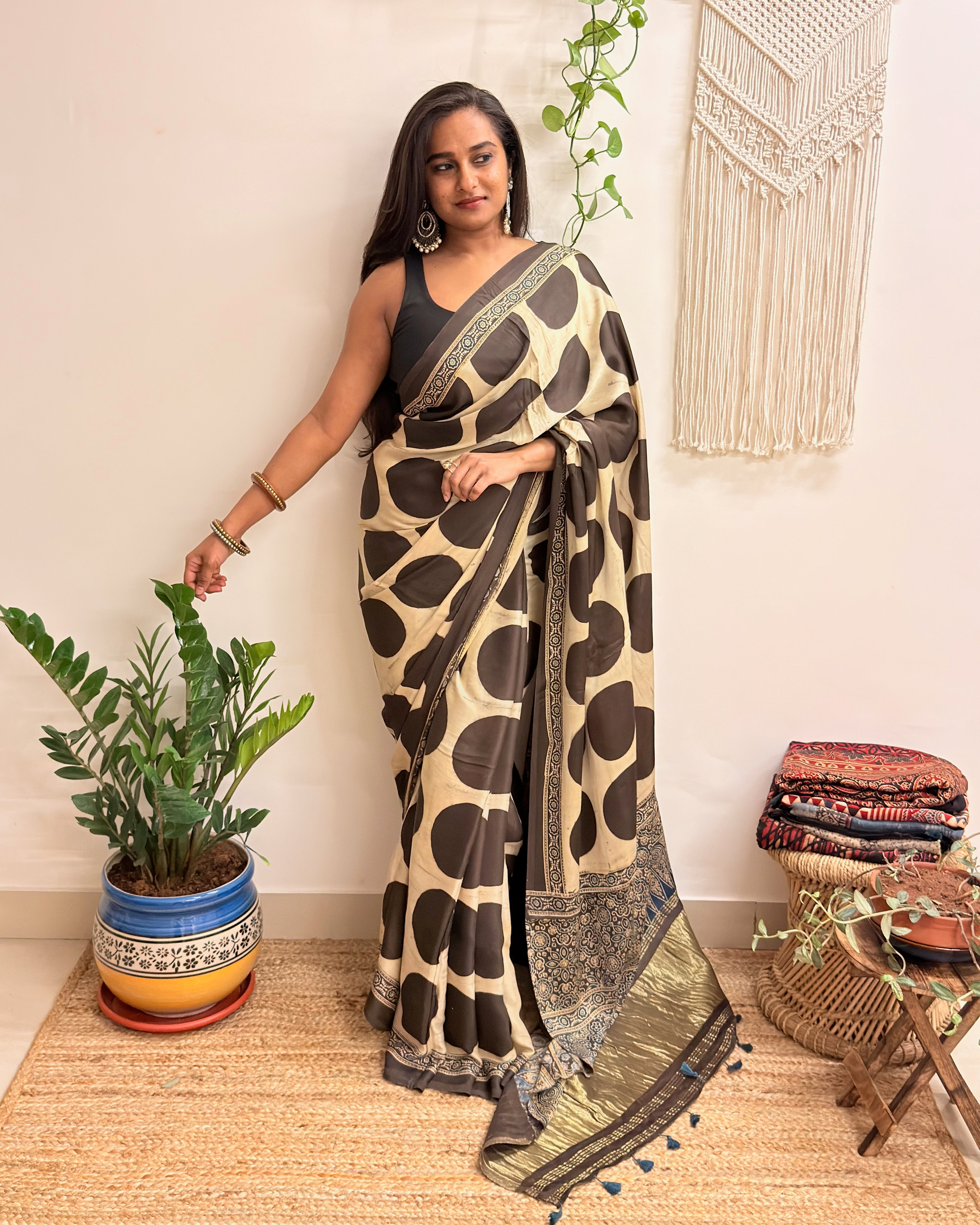 All Eyes: Cream Ajrakh Handblock Printed Modal Saree with Tissue Pallu