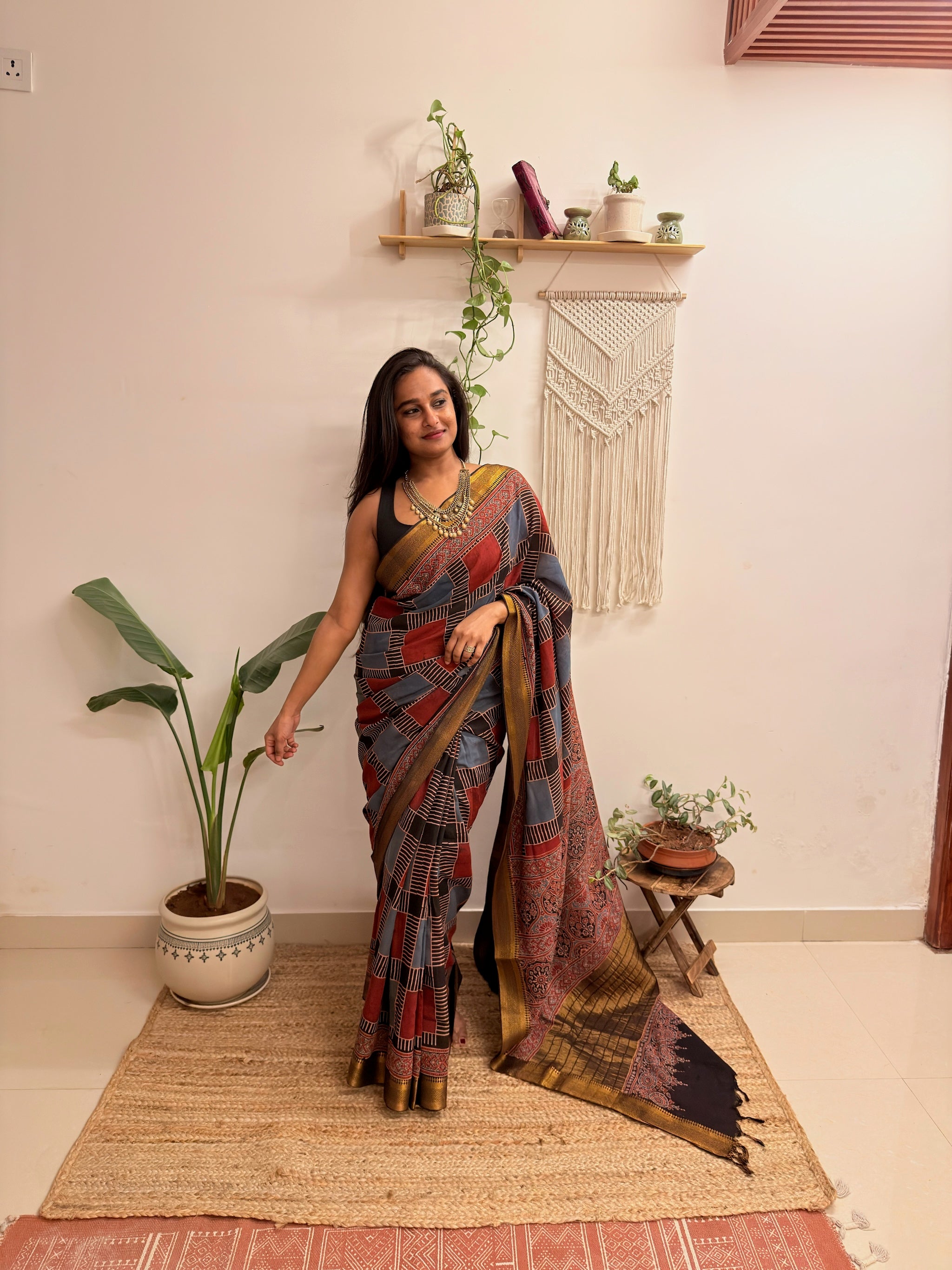 Afsana: Red and Blue Mul Cotton Ajrakh Handblock Printed Saree with Zari Border