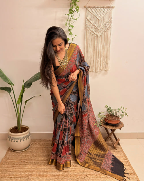 Afsana: Red and Blue Mul Cotton Ajrakh Handblock Printed Saree with Zari Border