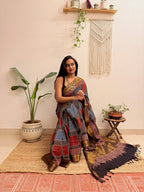 Afsana: Red and Blue Mul Cotton Ajrakh Handblock Printed Saree with Zari Border