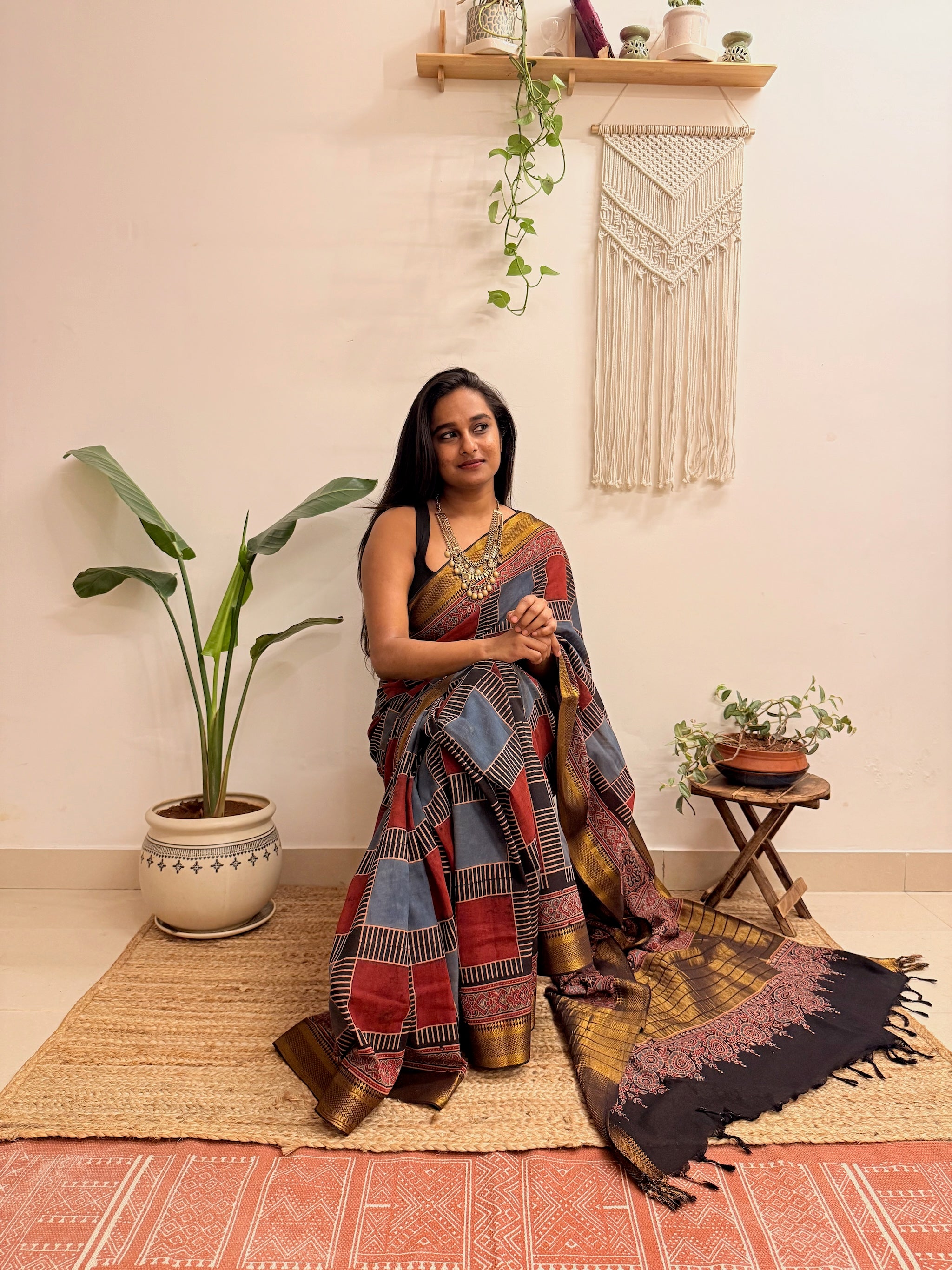 Afsana: Red and Blue Mul Cotton Ajrakh Handblock Printed Saree with Zari Border