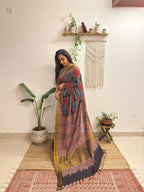 Afsana: Red and Blue Mul Cotton Ajrakh Handblock Printed Saree with Zari Border