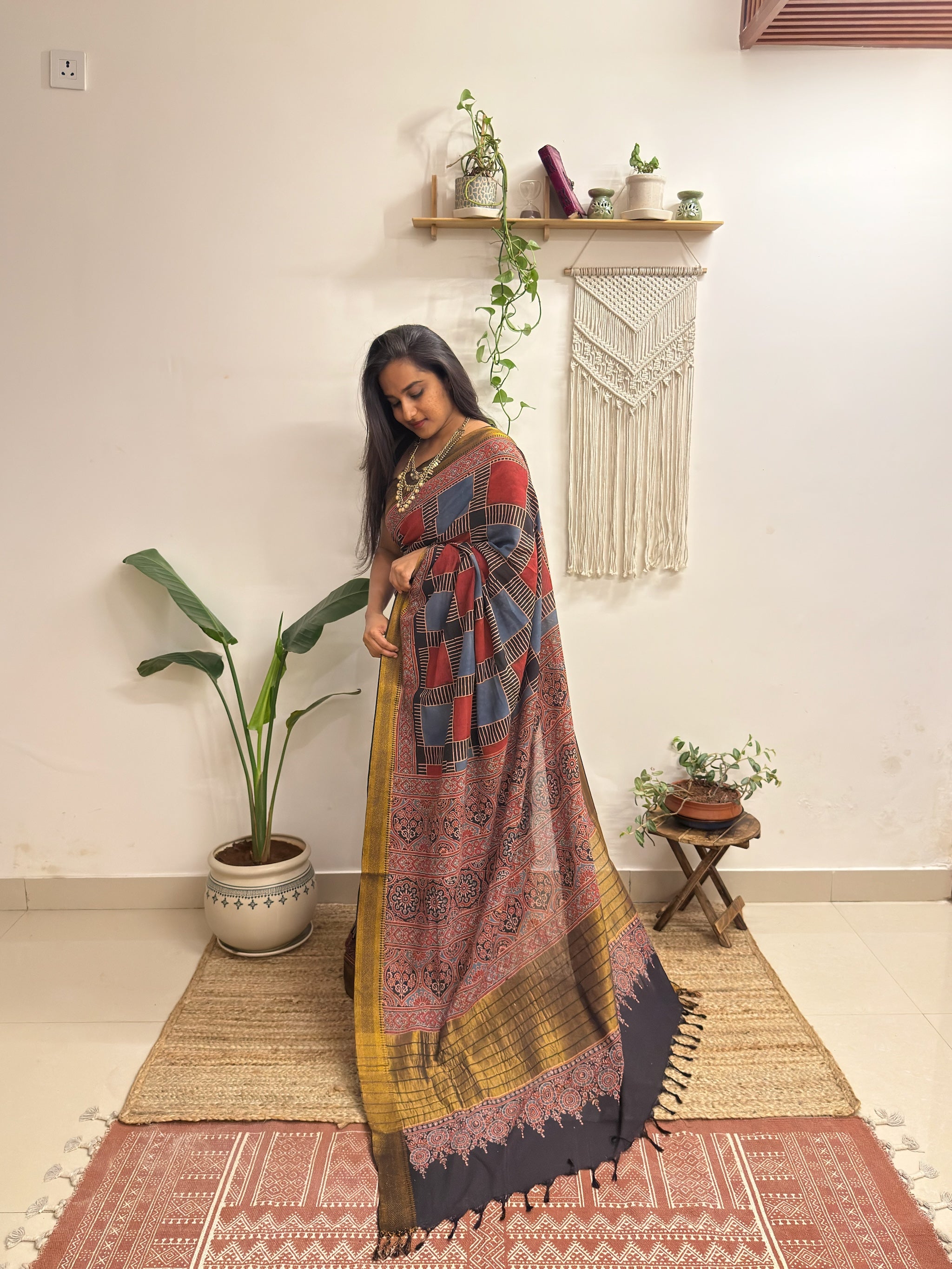 Afsana: Red and Blue Mul Cotton Ajrakh Handblock Printed Saree with Zari Border