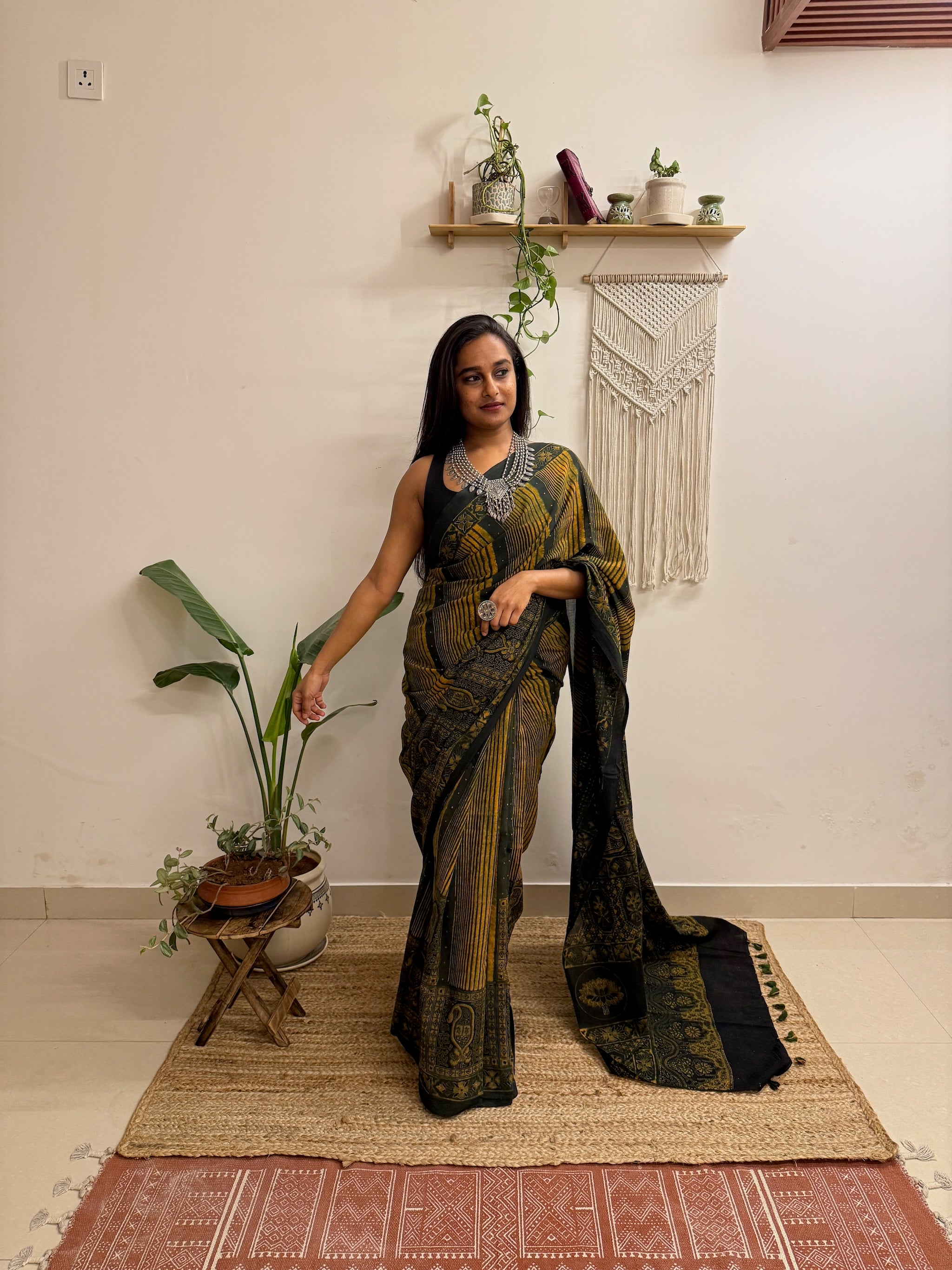 Gulzar: Forest Green and Mustard Ajrakh Handblock Printed Mul Cotton Saree