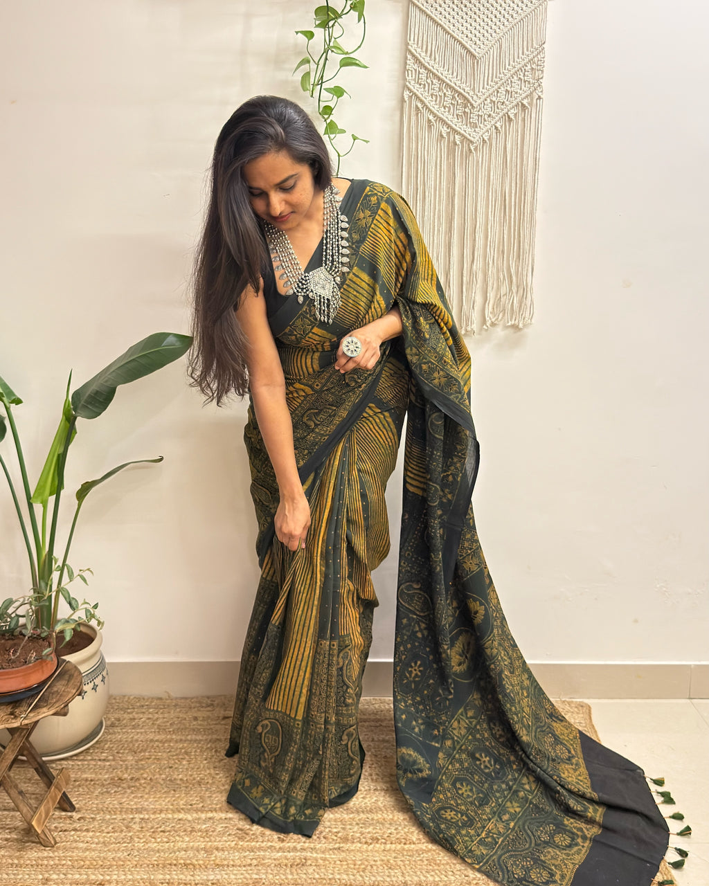 Gulzar: Forest Green and Mustard Ajrakh Handblock Printed Mul Cotton Saree