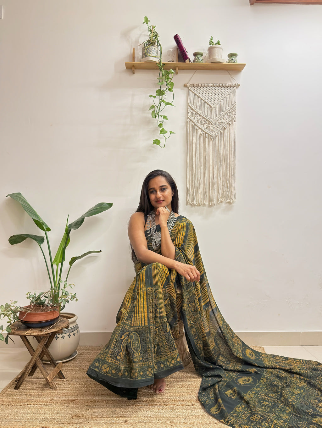 Gulzar: Forest Green and Mustard Ajrakh Handblock Printed Mul Cotton Saree