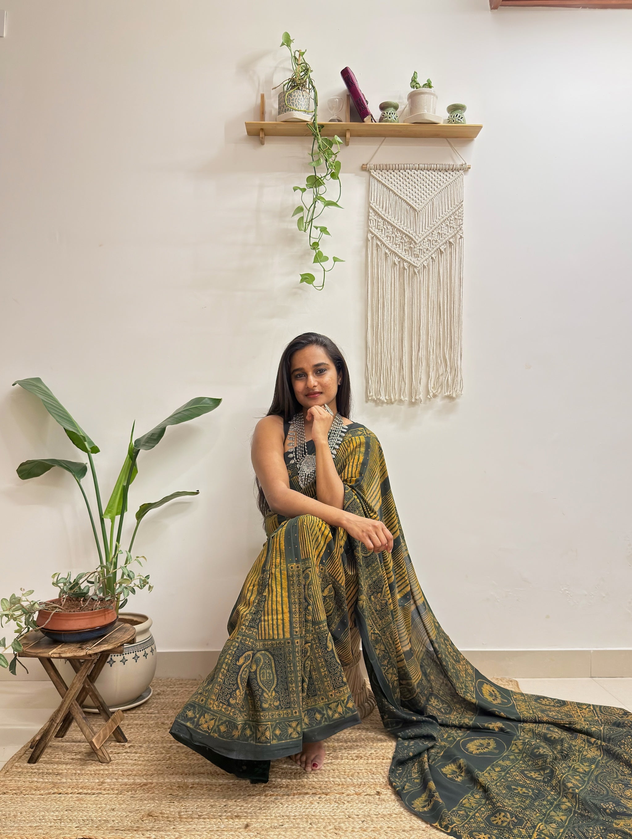Gulzar: Forest Green and Mustard Ajrakh Handblock Printed Mul Cotton Saree