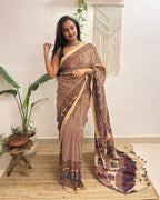 Sukoon: Cream Checkered Ajrakh Handblock Printed Mul Cotton Saree