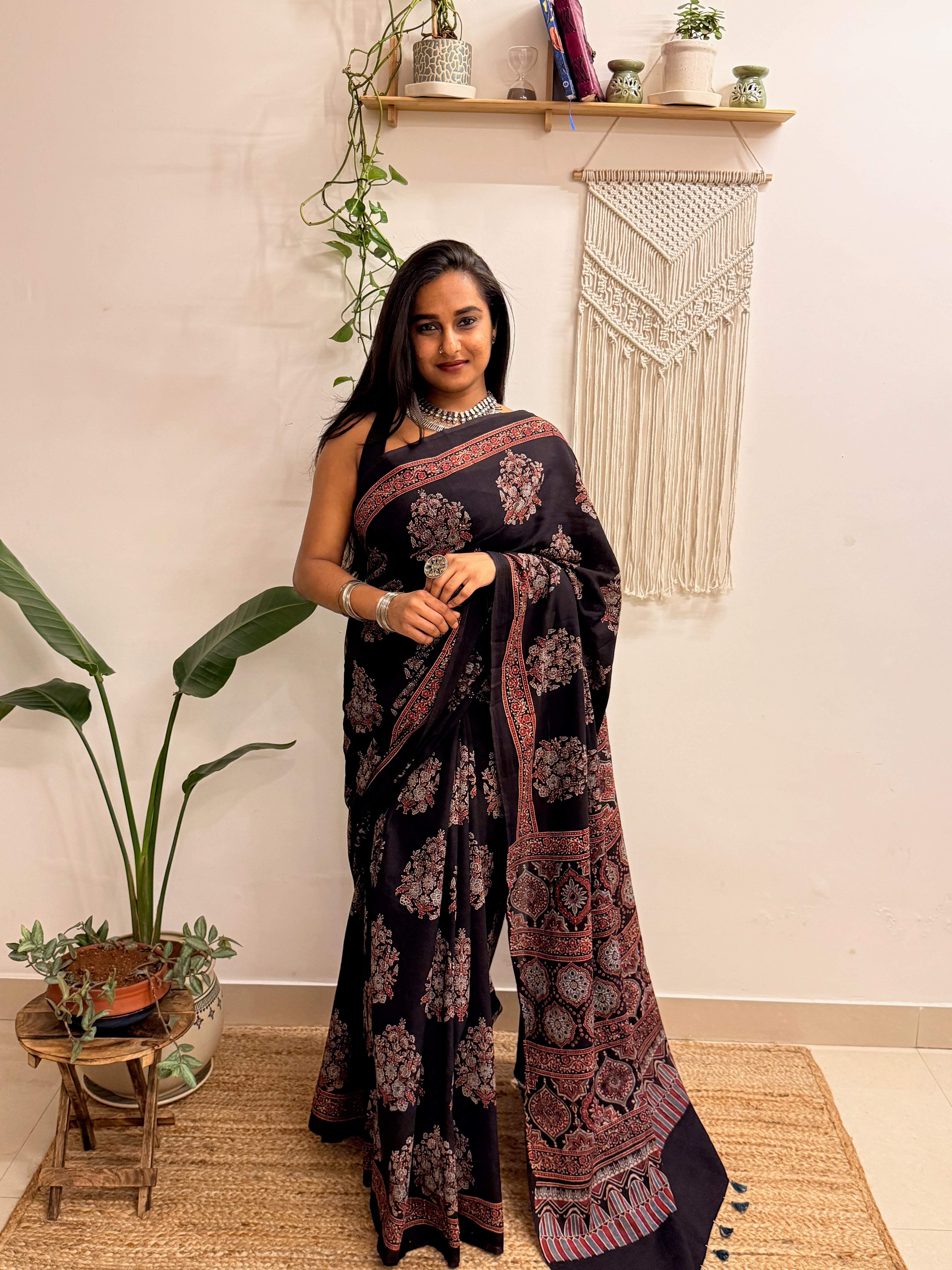 Night Bloom: Black Ajrakh Handblock Printed Mul Cotton Saree
