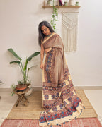 Sukoon: Cream Checkered Ajrakh Handblock Printed Mul Cotton Saree