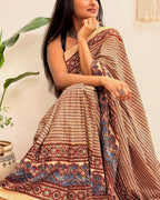 Sukoon: Cream Checkered Ajrakh Handblock Printed Mul Cotton Saree