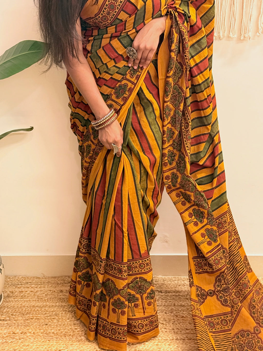 Basant: Turmeric Ajrakh Handblock Printed Mul Cotton Saree