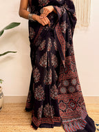 Night Bloom: Black Ajrakh Handblock Printed Mul Cotton Saree