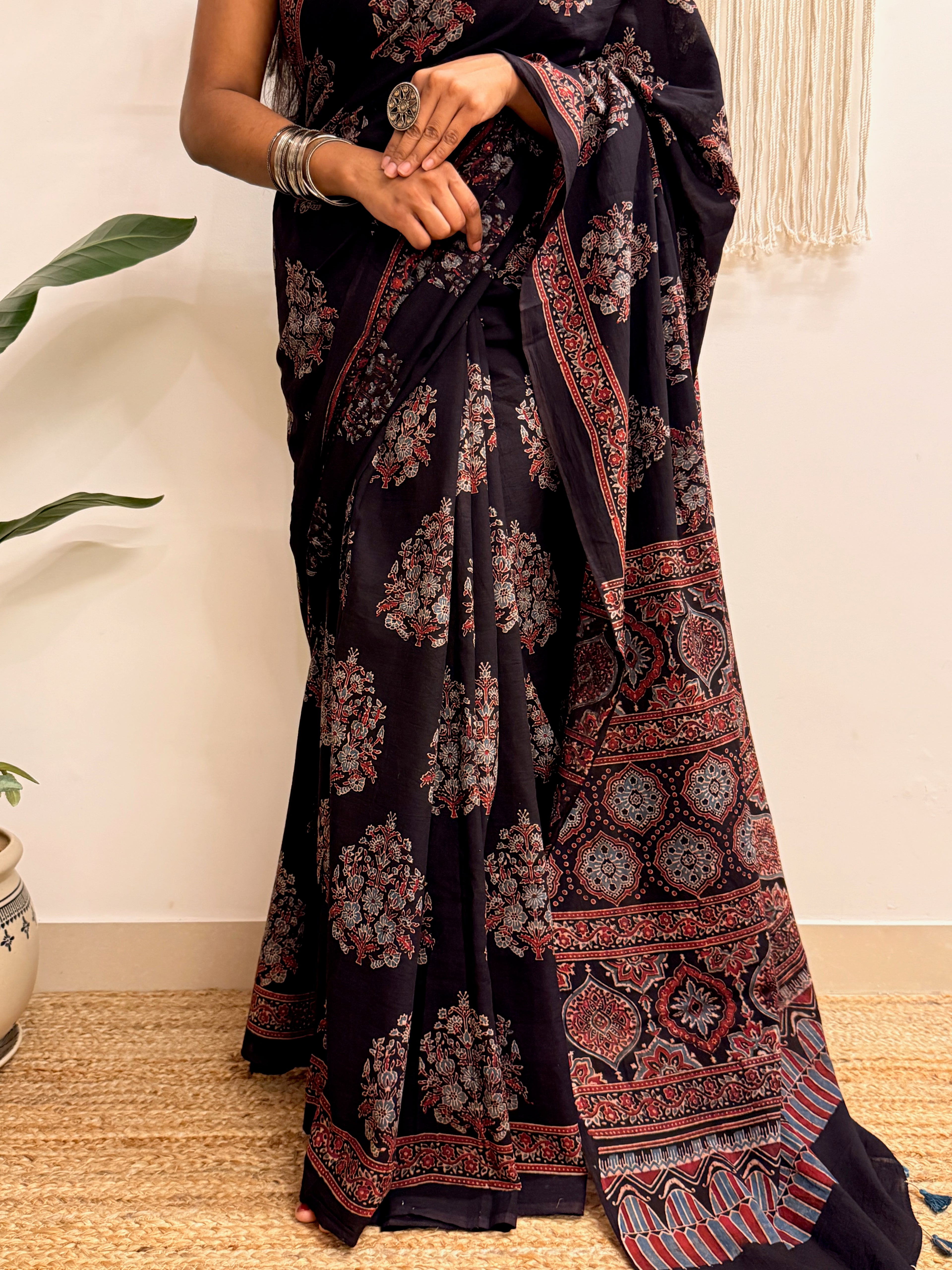 Night Bloom: Black Ajrakh Handblock Printed Mul Cotton Saree