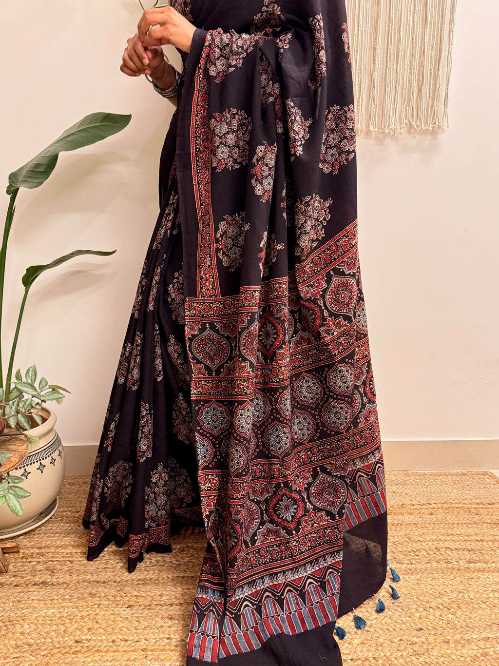 Night Bloom: Black Ajrakh Handblock Printed Mul Cotton Saree