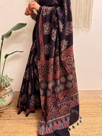 Night Bloom: Black Ajrakh Handblock Printed Mul Cotton Saree
