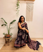 Night Bloom: Black Ajrakh Handblock Printed Mul Cotton Saree