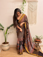 Adaa: Black Ajrakh Handblock Printed Mul Cotton Saree with Zari Border