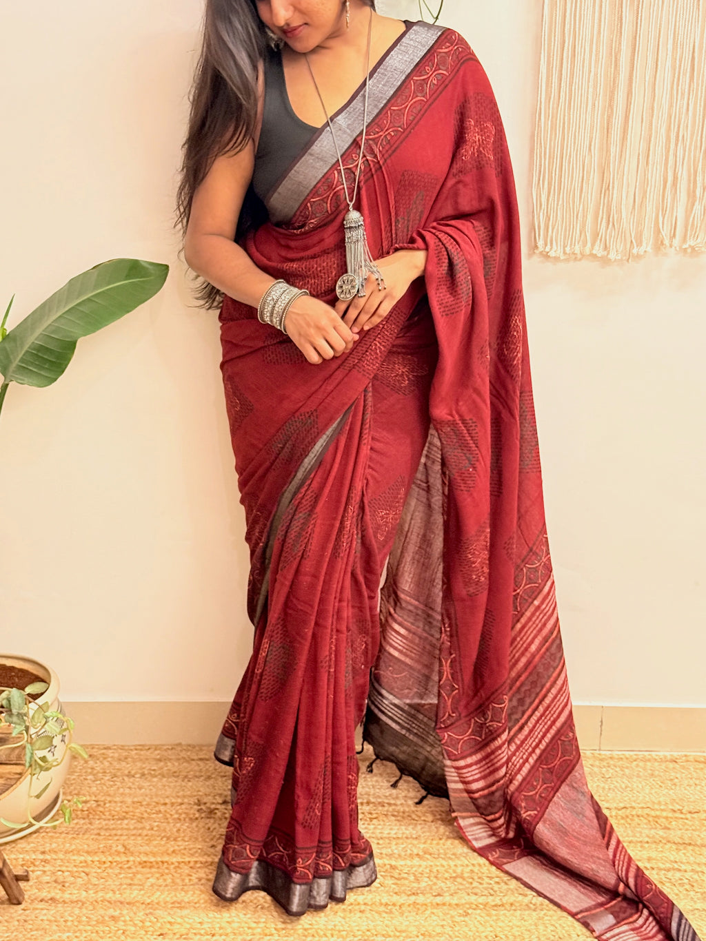 Slow Burn: Deep Maroon Ajrakh Handblock Printed Slub Cotton Saree