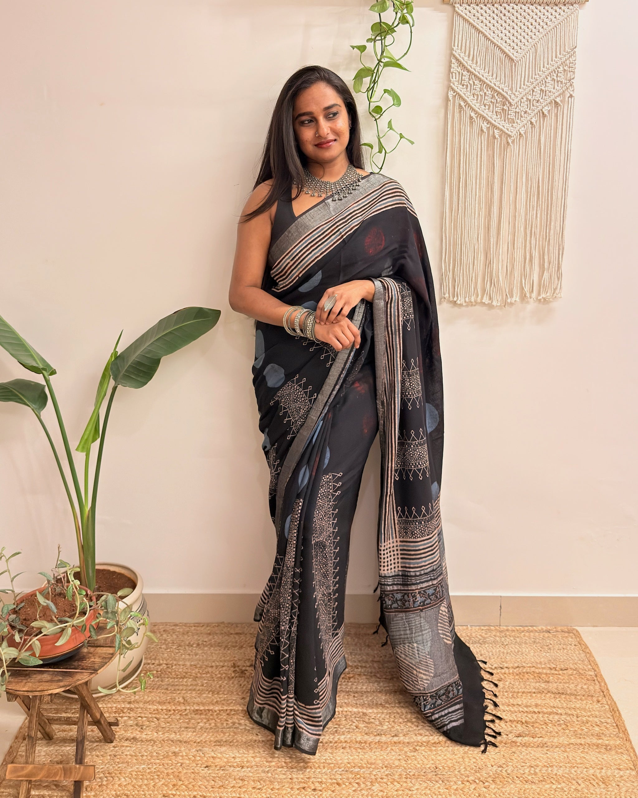 Silver Echo: Charcoal Black Ajrakh Handblock Printed Slub Cotton Saree