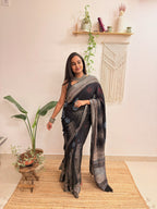 Silver Echo: Charcoal Black Ajrakh Handblock Printed Slub Cotton Saree