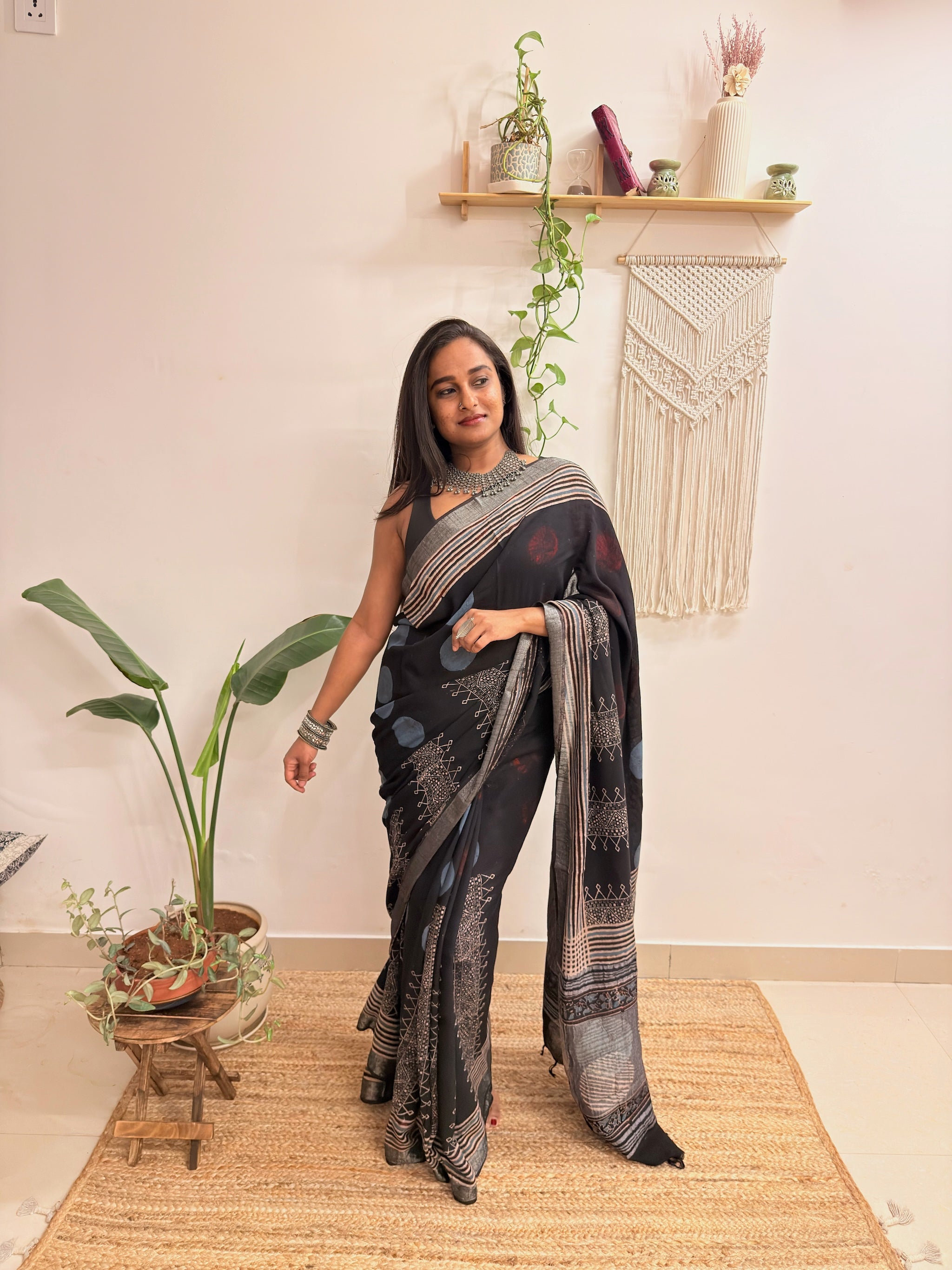 Silver Echo: Charcoal Black Ajrakh Handblock Printed Slub Cotton Saree